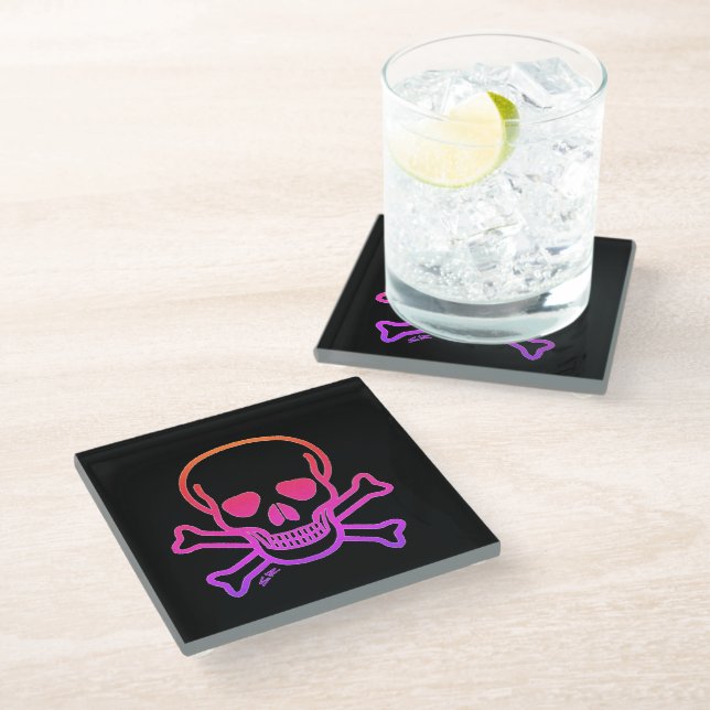 Neon Skull n Bones black glass coaster (Angled)