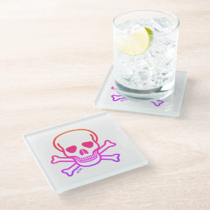 Neon Skull n Bones white glass coaster