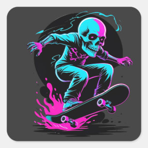 Neon Skull Skateboard Art – Edgy Skater Design Square Sticker