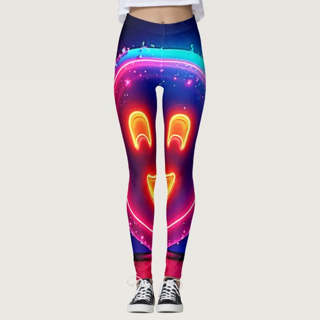 Neon Smile: Bright Happy Glow Design Leggings (Front)
