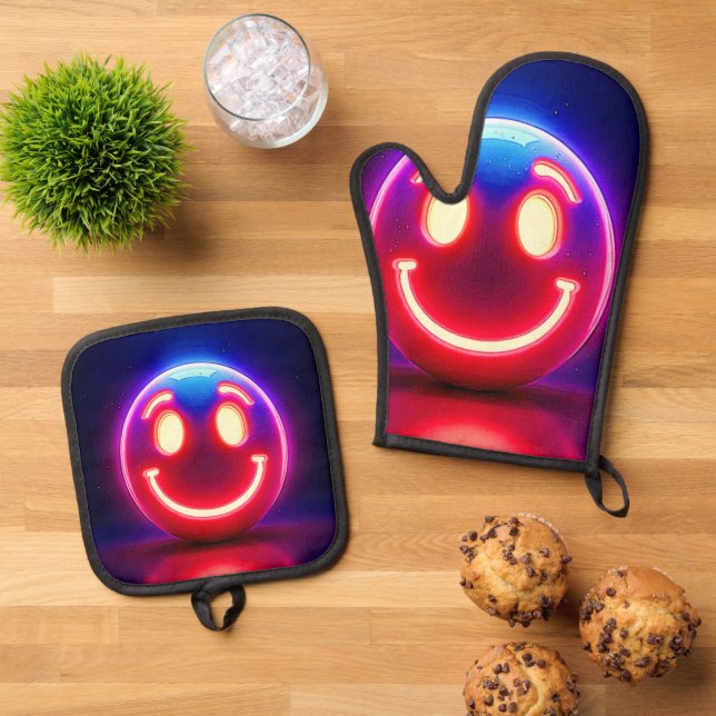 Neon Smile: Happy Glow Oven Mitt & Pot Holder Set (Top Down)