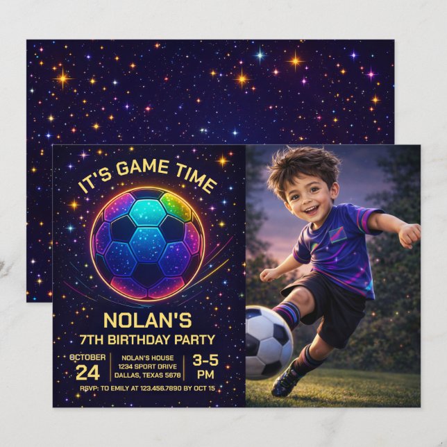 Neon Soccer Birthday Photo Invitation (Front/Back)