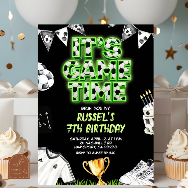 Neon Soccer Game time Birthday Invitation (Creator Uploaded)