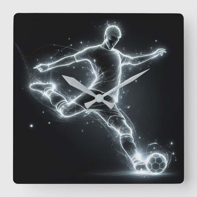Neon Soccer Player On Black Square Wall Clock (Front)