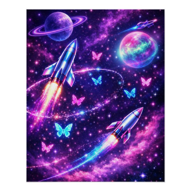Neon Space Butterfly Galaxy Art Poster (Front)