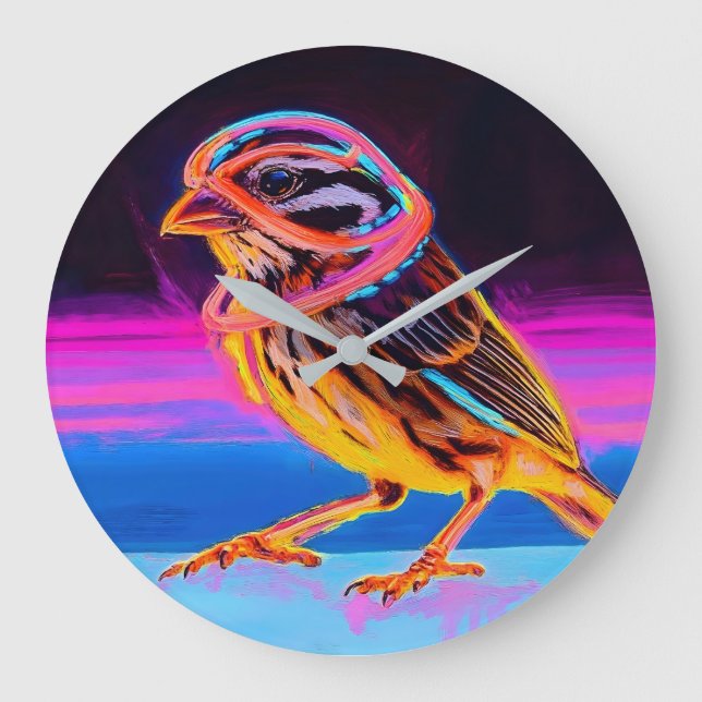 Neon Sparrow with Glowing Accents Large Clock (Front)