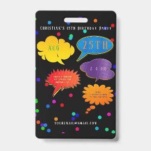 Neon Speech Bubble Boy Girl Birthday Party Invitat ID Badge