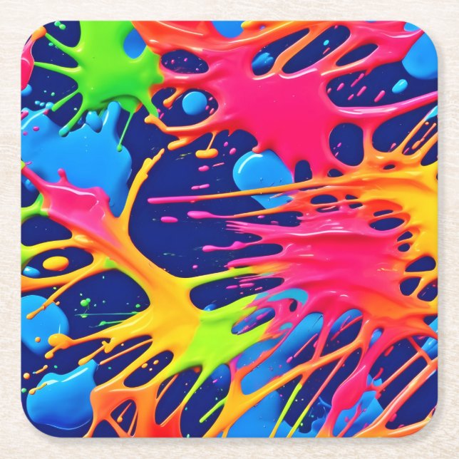 Neon Splatter: Abstract Vibrant Art Square Paper Coaster (Front)