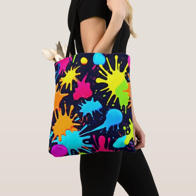 Neon Splatter Art: Vibrant Abstract Expressionism Tote Bag (Close Up)