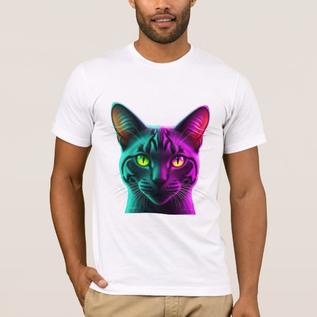 Neon Split Tone Synthwave Cat Portrait T-Shirt (Front)