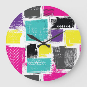 Neon Squares Retro Abstract Pattern Large Clock
