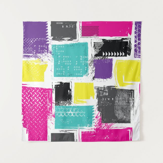 Neon Squares Retro Abstract Pattern Tapestry (Front)