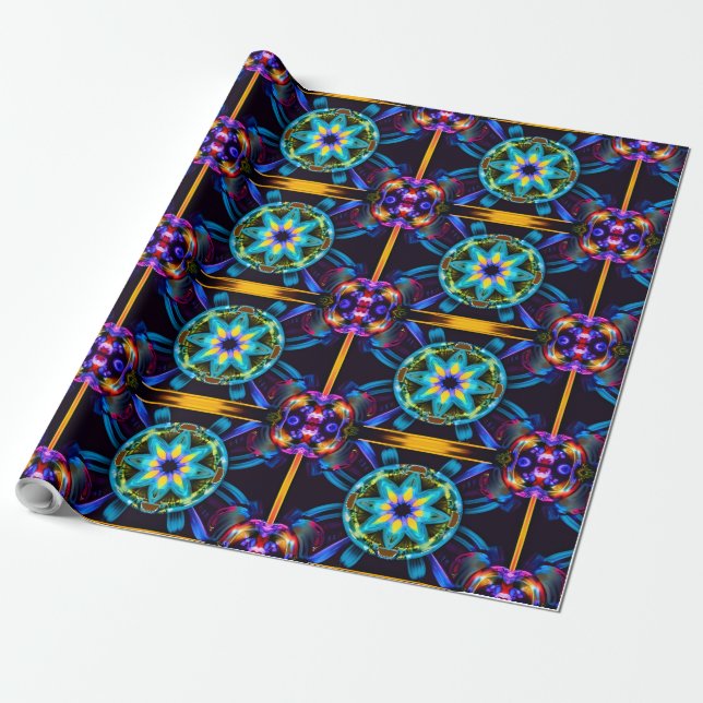 Neon Starburst Kaleidoscope Wrapping Paper (Unrolled)
