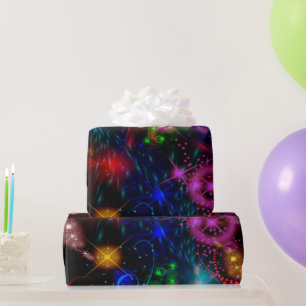 Neon Stars Swirls Paint Splatter Abstract Wrapping Paper
