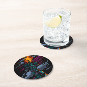 Neon Statue of Liberty Rain Scene Purple Teal NYC Round Paper Coaster