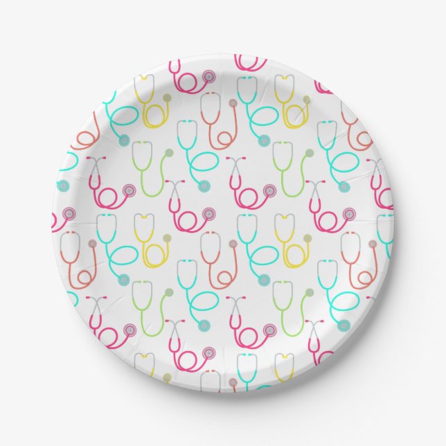 Neon Stethoscope Pattern Paper Plate (Front)