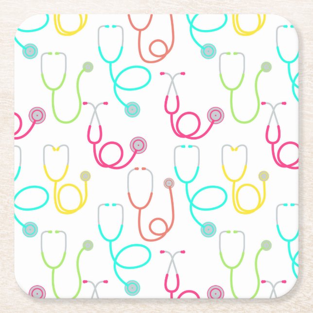 Neon Stethoscope Pattern Square Paper Coaster (Front)