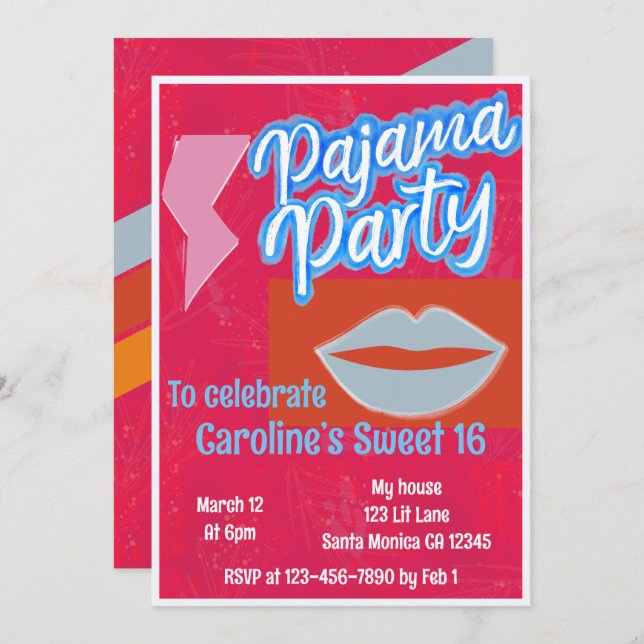 Neon Stripe Preppy Pajama Party Birthday Invitation (Front/Back)
