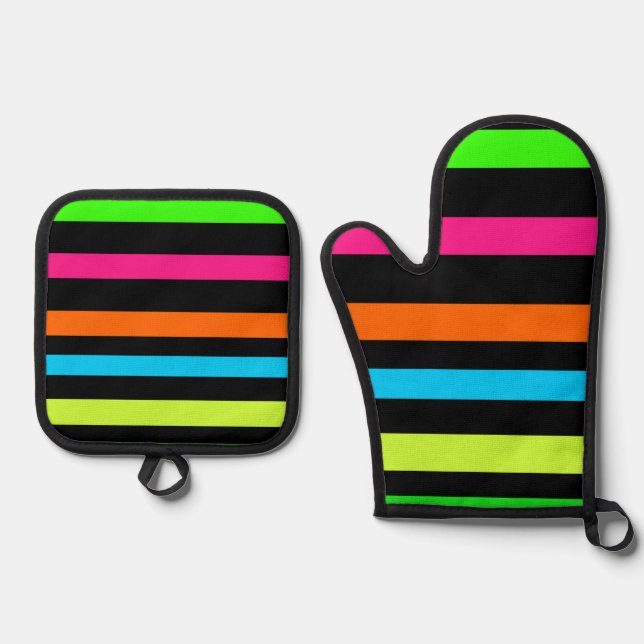 Neon Stripes Pattern Oven Mitt & Pot Holder Set (Front)