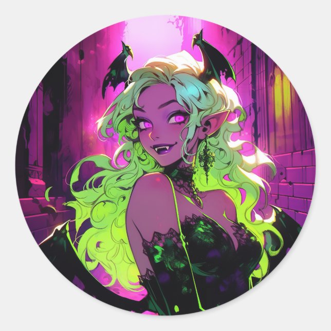 Neon Succubus Demon Anime Girl Classic Round Sticker (Front)