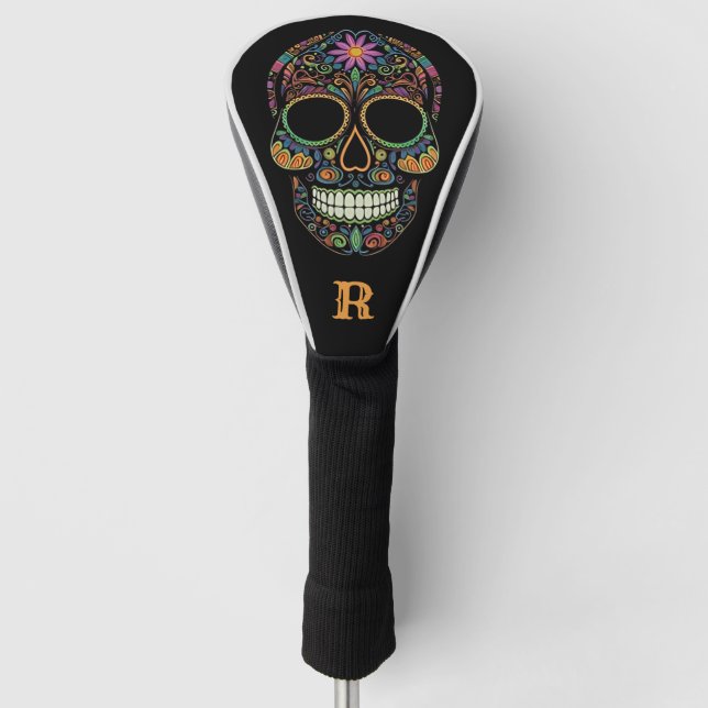 Neon Sugar Skull Day of the Dead Monogram Initial Golf Head Cover (Front)