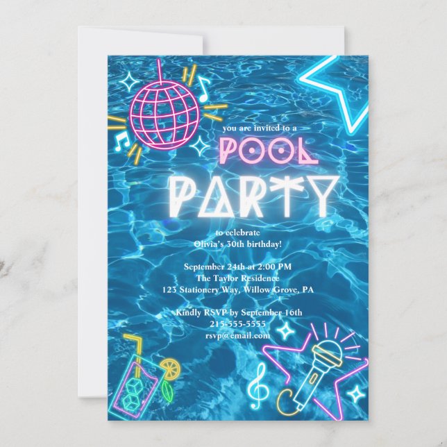 neon summer Pool Party Birthday  Invitation (Front)