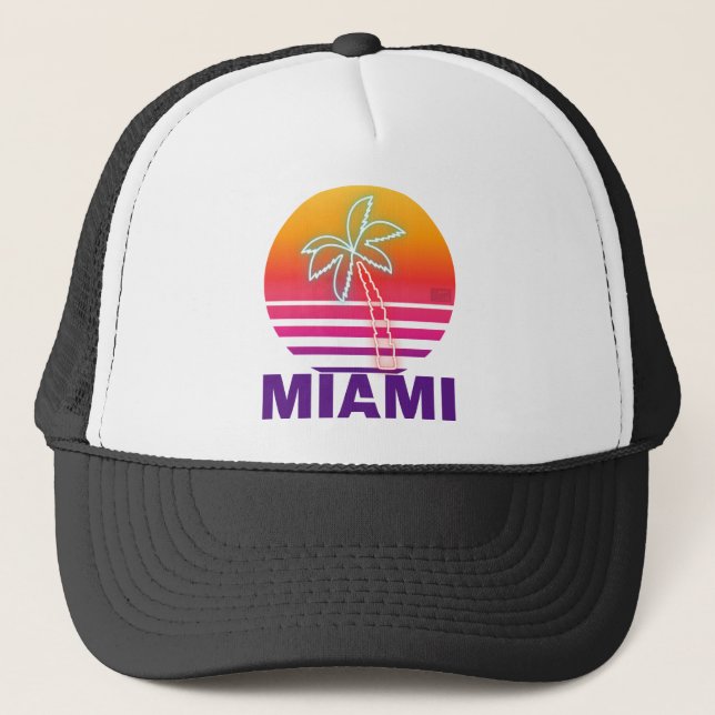 Neon Summer Sunset Beach Palm Tree Proud Miami Trucker Hat (Front)