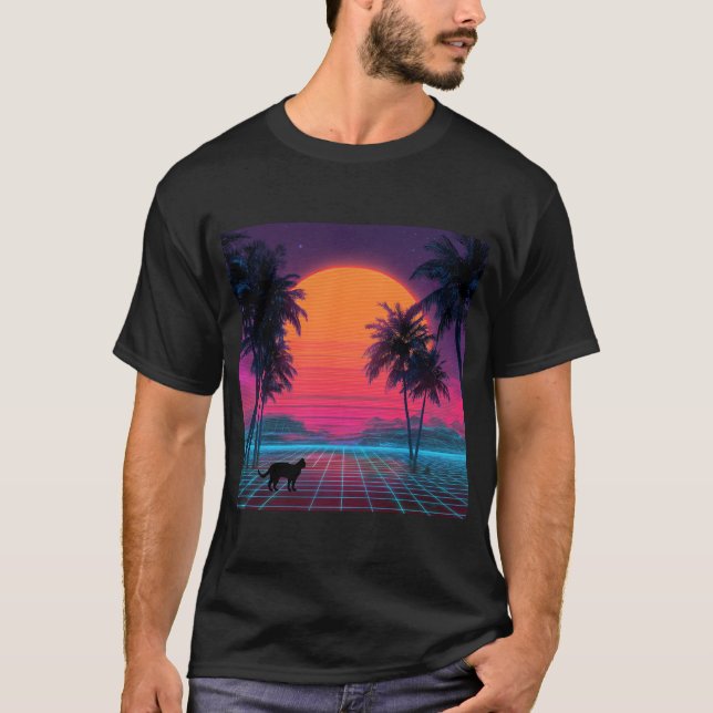 Neon Sunset Cat on Cyber Shore T-Shirt (Front)