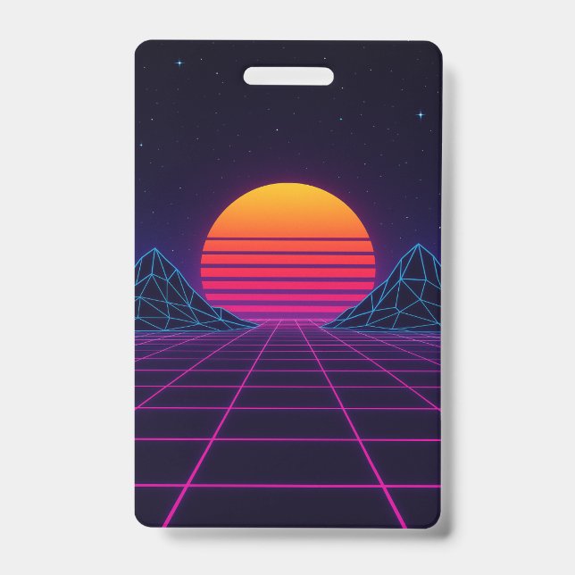 Neon Sunset Grid – Retro-Futuristic Synthwave Stic ID Badge (Front)