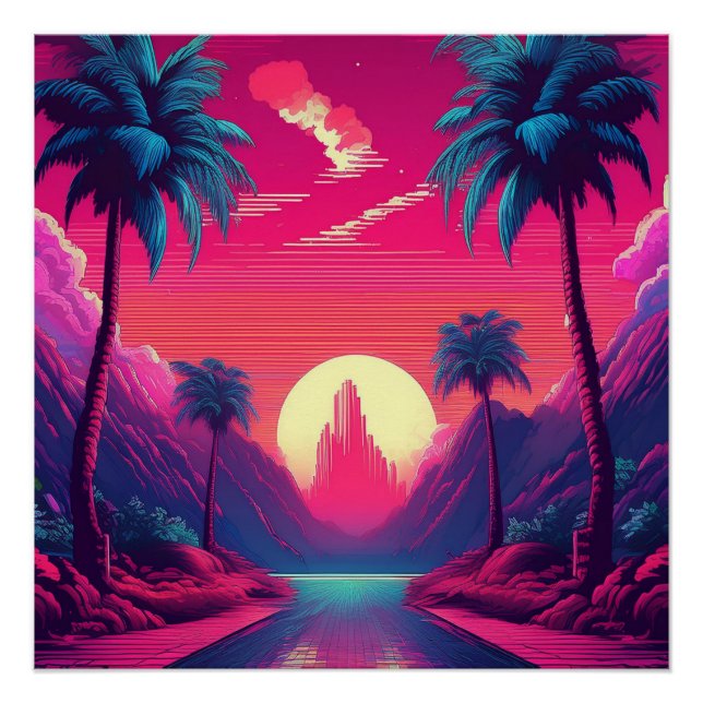 Neon Sunset Paradise - Retro 80s Tropical Vibes Poster (Front)