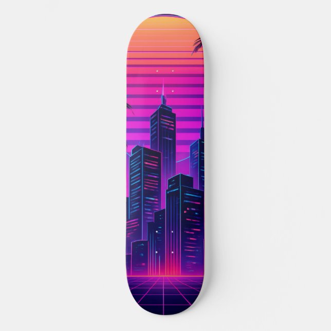 Neon Sunset Retro-Futuristic Cityscape Skateboard (Front)