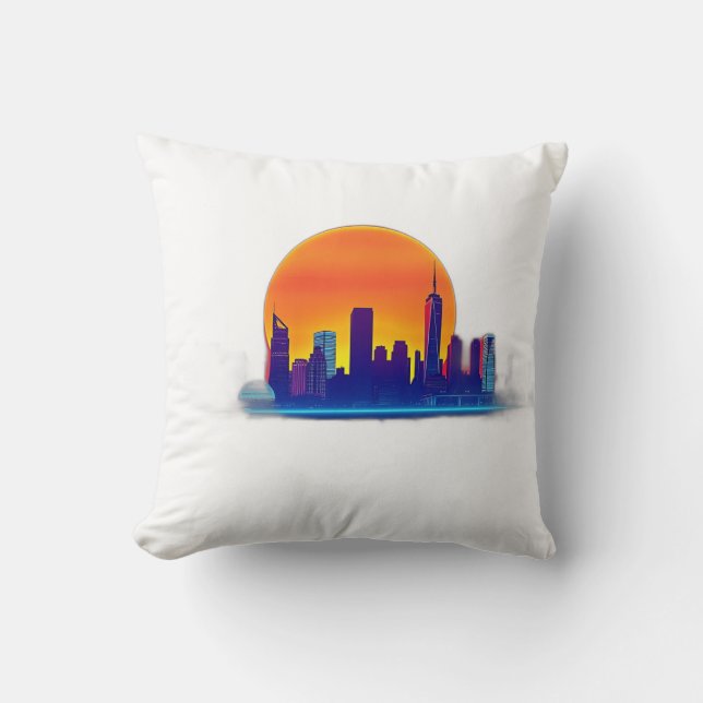 Neon Sunset Skyline with Brick Texture Cushion (Front)
