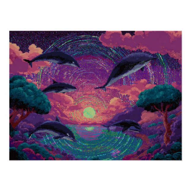 Neon Sunset with Dolphins in Tropical Paradise Poster (Front)