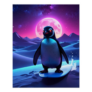Neon Surf Penguin Poster