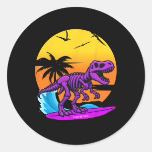 Neon Surfing T-rex Skeleton With Vintage Beach Ret Classic Round Sticker