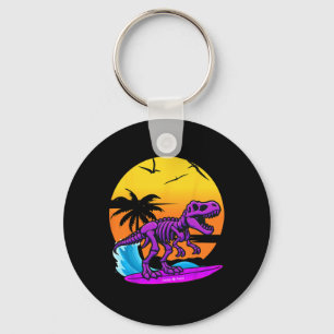 Neon Surfing T-rex Skeleton With Vintage Beach Ret Key Ring