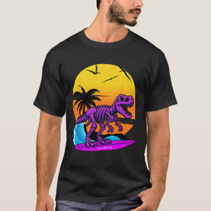 Neon Surfing T-rex Skeleton With Vintage Beach Ret T-Shirt