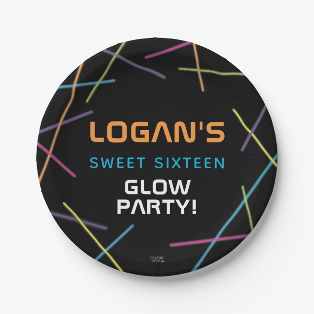 Neon Sweet 16 Birthday Glow Party Paper Plate (Front)