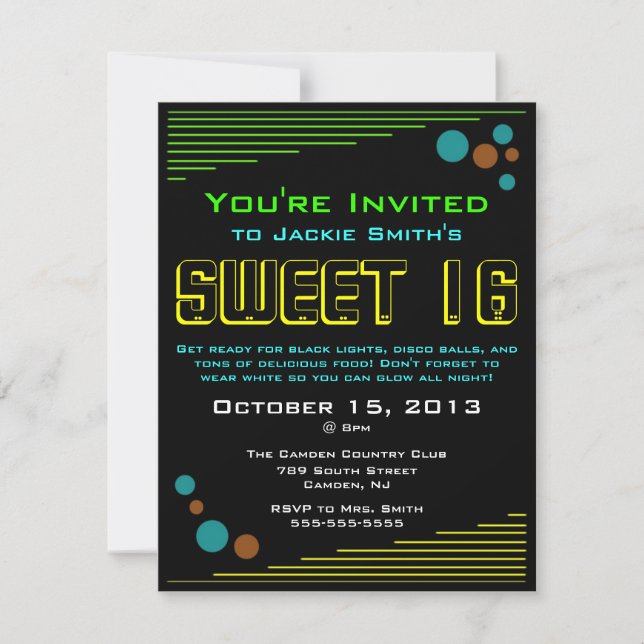 Neon Sweet 16 Invitations (Front)