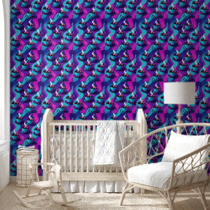 Neon swirl coffee cups bold retro pattern wallpaper