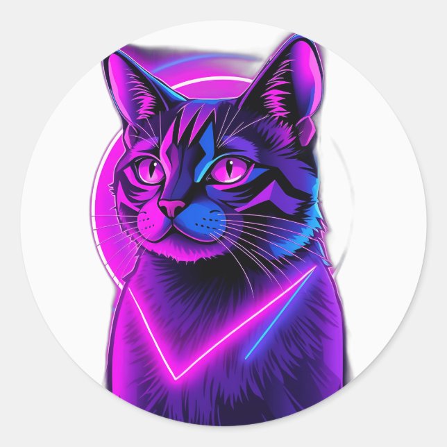 Neon Synthwave Cat Art Classic Round Sticker (Front)