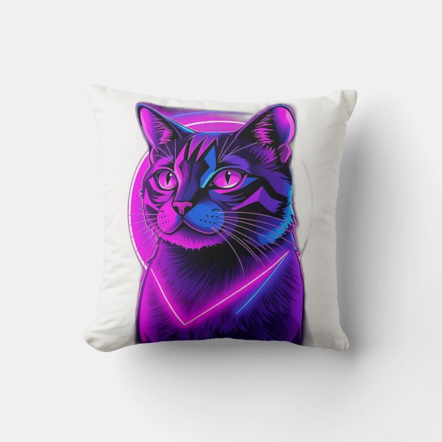Neon Synthwave Cat Art Cushion (Front)