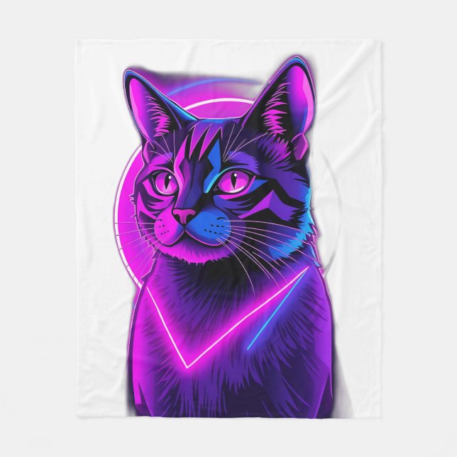Neon Synthwave Cat Art Fleece Blanket (Front)