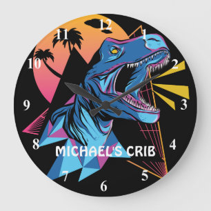 Neon T-Rex Dinosaur Graphics Teen Kids Cool Trendy Large Clock
