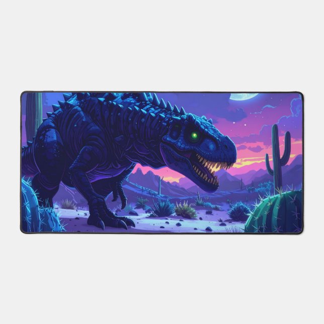 Neon T Rex Night Run Desk Mat (Front)
