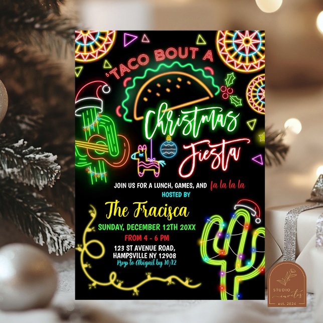 Neon Taco Bout Christmas Fiesta Holiday Party Invitation (Creator Uploaded)