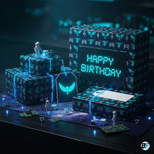 Neon Teal Alien Glyphs Sci-Fi Gamer Birthday Wrapping Paper