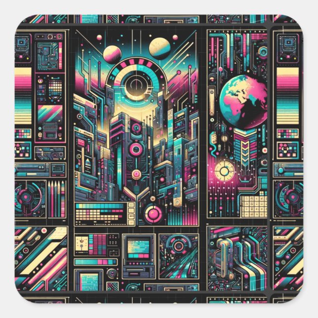 Neon Tech Odyssey Square Sticker (Front)