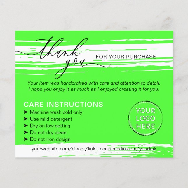 Neon Thank you Washing Tips Care Instruction Flyer (Front)