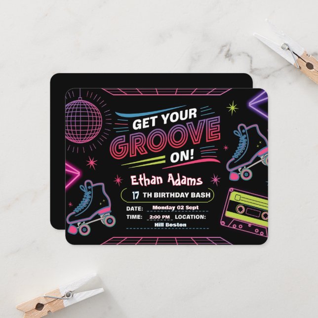 Neon Theme Birthday Invitation Card (Front/Back In Situ)